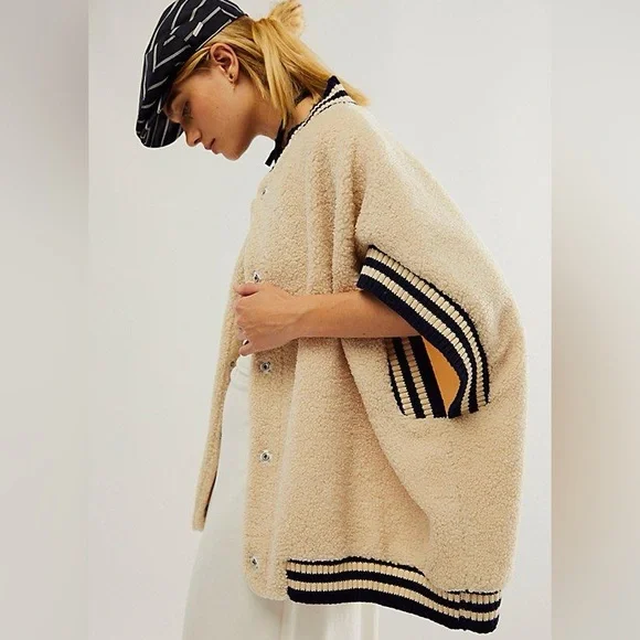 FREE PEOPLE Pep Rally Teddy Poncho Jacket Oversized Fur Sherpa Sleeveless Cream - Picture 1 of 9